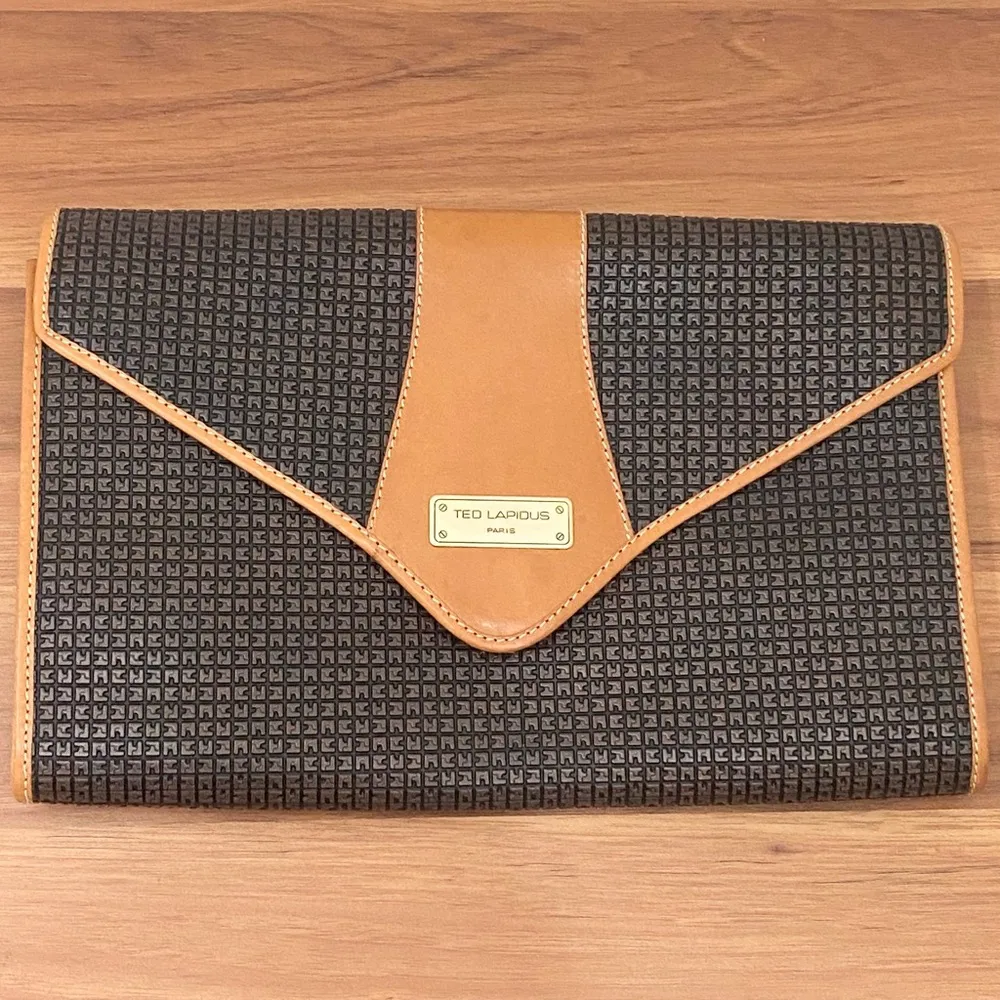 Vintage TED LAPIDUS Paris Embossed Leather Monogram Envelope Clutch Bag 8”X12” Black - Image 4