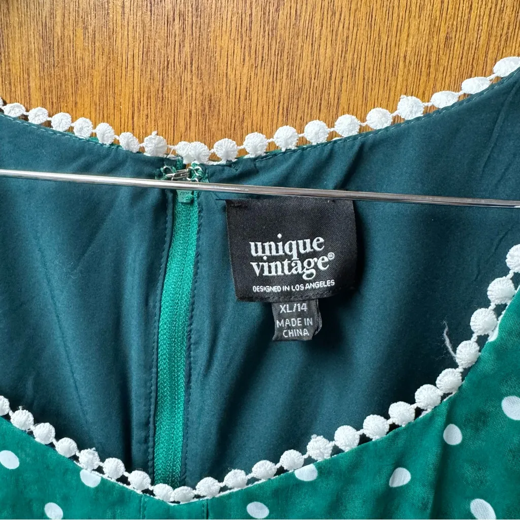 Unique Vintage Polka Dot Godet Short Sleeve Midi Dress Retro Green XL 14 - Image 6