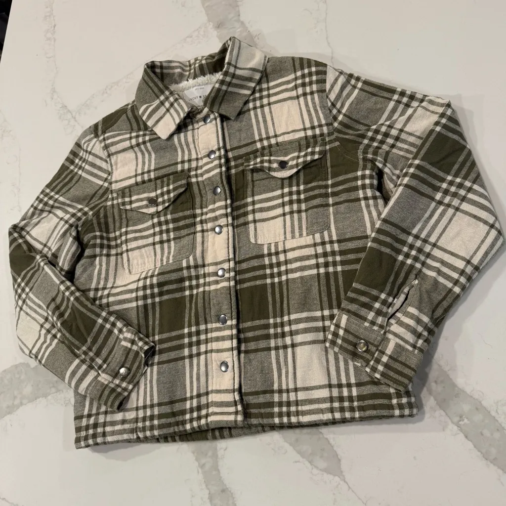 Lucky Brand Plaid Sherpa Flannel Shirt Jacket Womens Small Sage Green SnapButton - Image 2