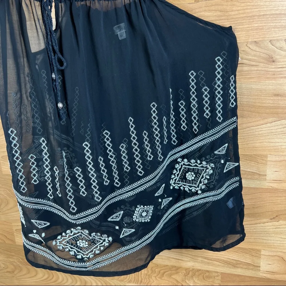 Cecico Sheer Tank Blouse w/Embroidery and a keyhole front tie Black - Image 8