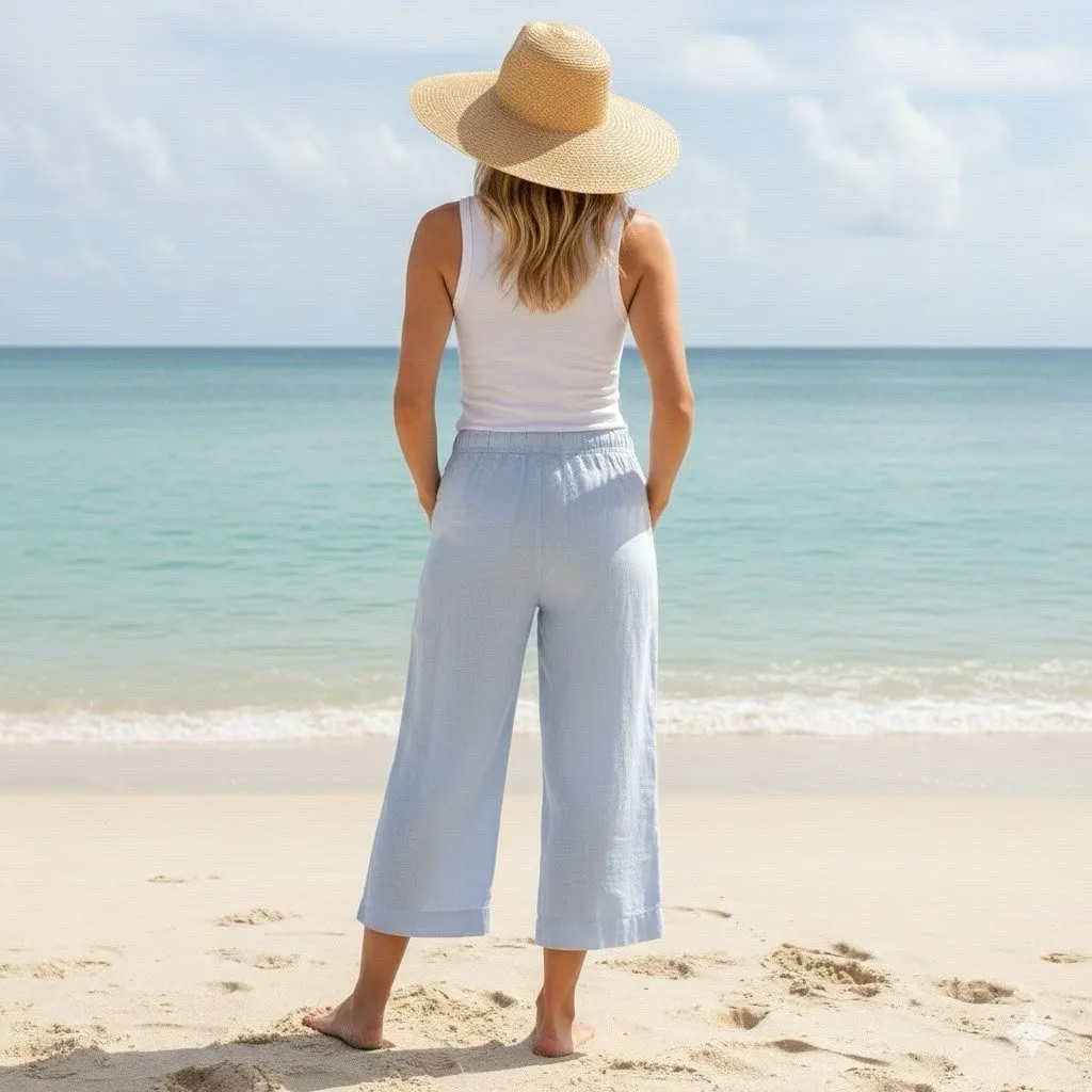 Tahari Essentials 100% Linen Blue Wide Leg Cropped Pants LARGE Lagenlook NEW - Image 2