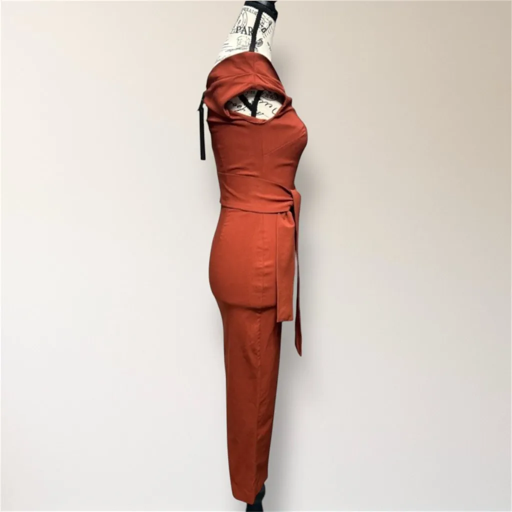 New Vesper247 Rust Off Shoulder Belted Midi Dress Fall Wedding Party Cocktail XS Orange - Image 3