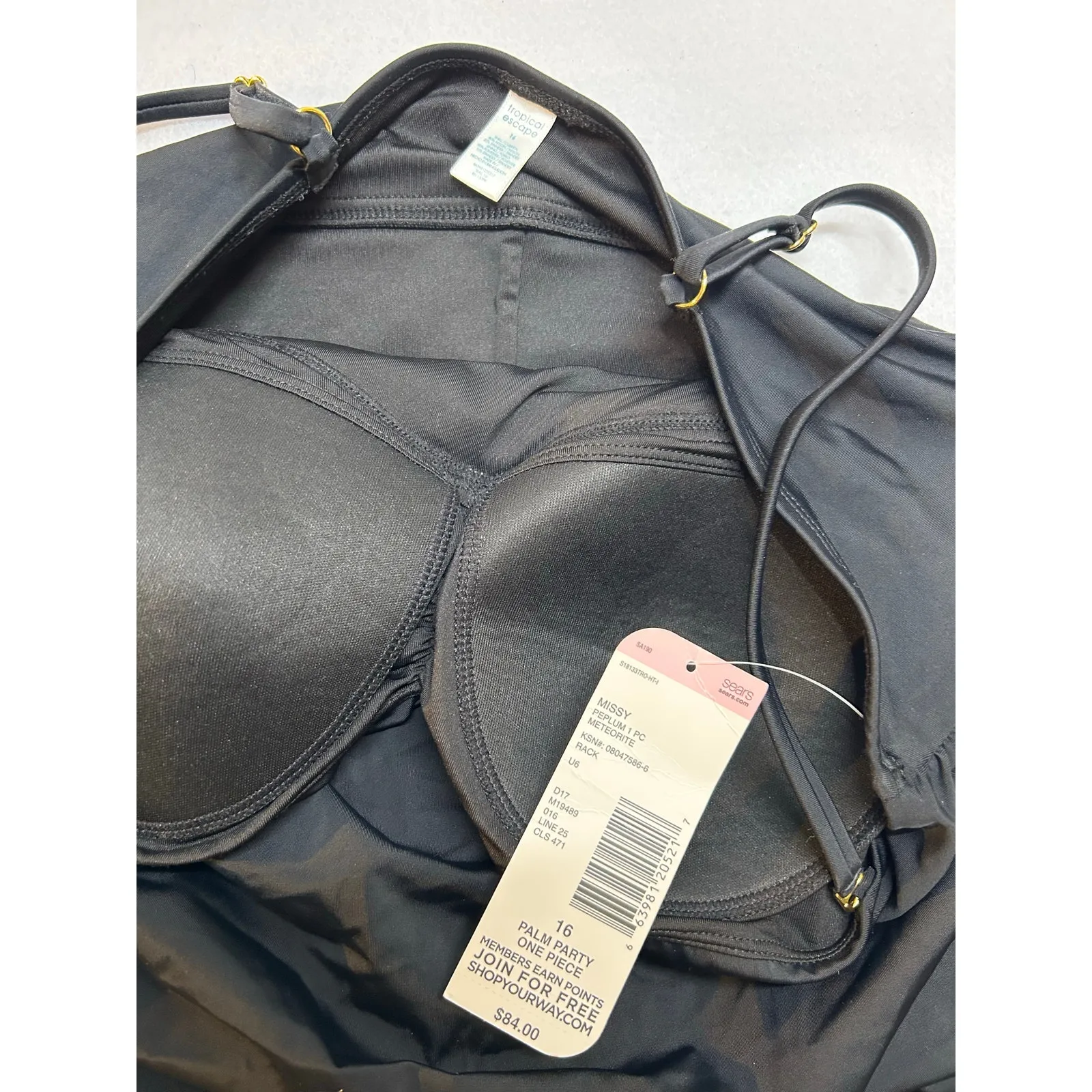 New Tropical Escape Palm Party Swimsuit Size 16 Nylon Stretch One Piece Black - Image 3