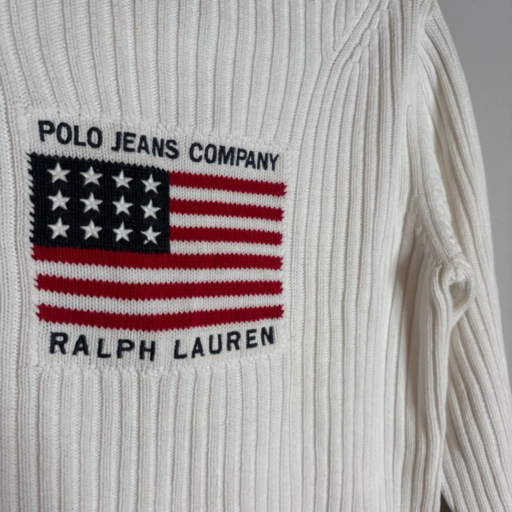 Vtg Y2K Polo Jeans Ralph Lauren ribbed American Flag sweater - Image 2