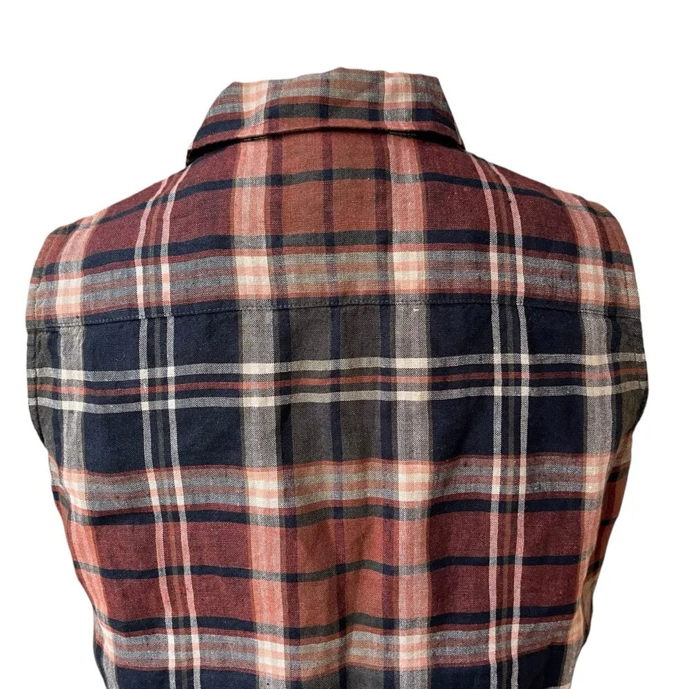 90's Lauren Ralph Lauren Sleeveless Linen Button Down Plaid Blouse Black - Image 10