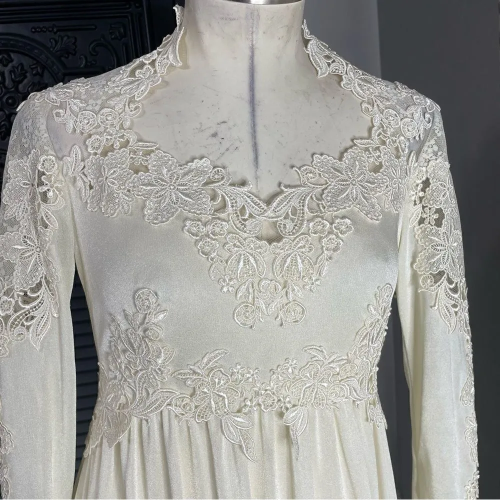 Vintage‎ 70s Bohemian Peasant Hippie Jersey Lace Top Empire Wedding Gown Train 2 - Image 3