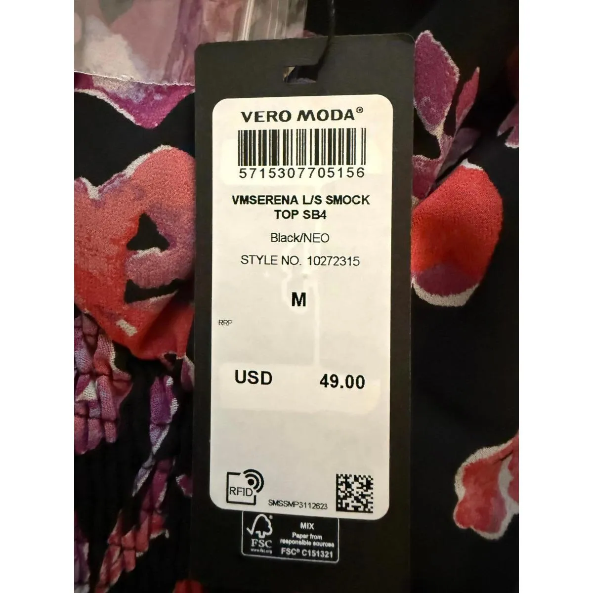 NEW Vero Moda Women's Crop Top Blouse Medium Black Coral Smocked Abstract Floral - Image 5