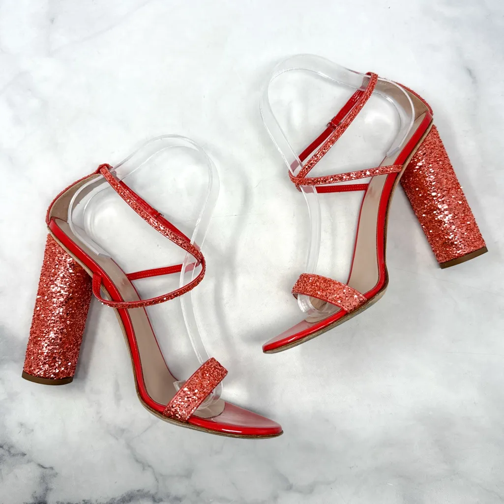 Giuseppe Zanotti Tara Glitter Strappy Leather Block Heel Sandals Red Orange 40 - Image 4