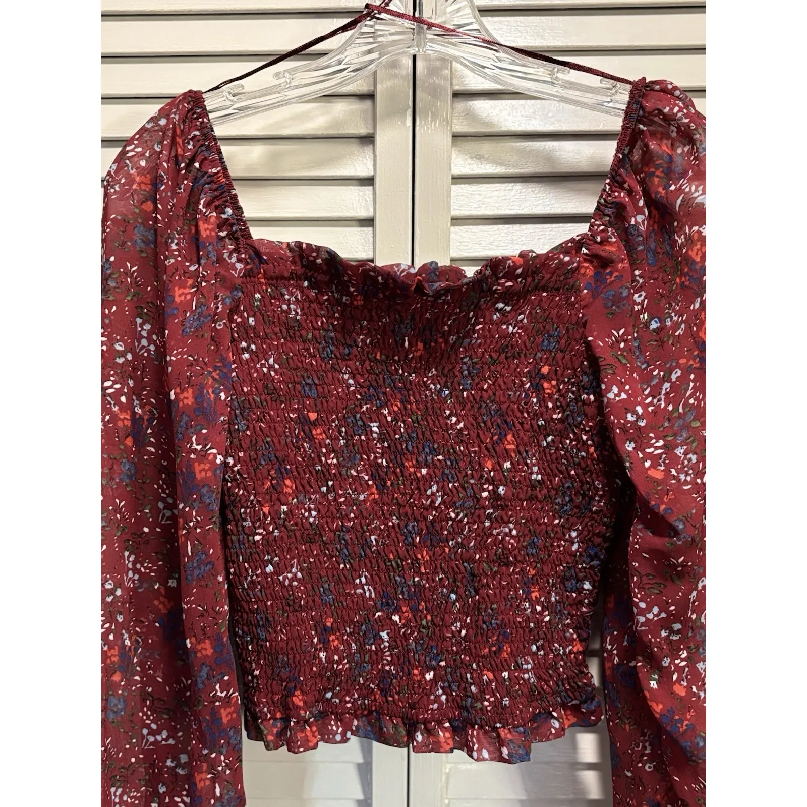 Jopna Blouse Size‎ L Burg/Blue Floral Smocked Body Long Chiffon Sleeves Ruffle Red Size L - Image 2