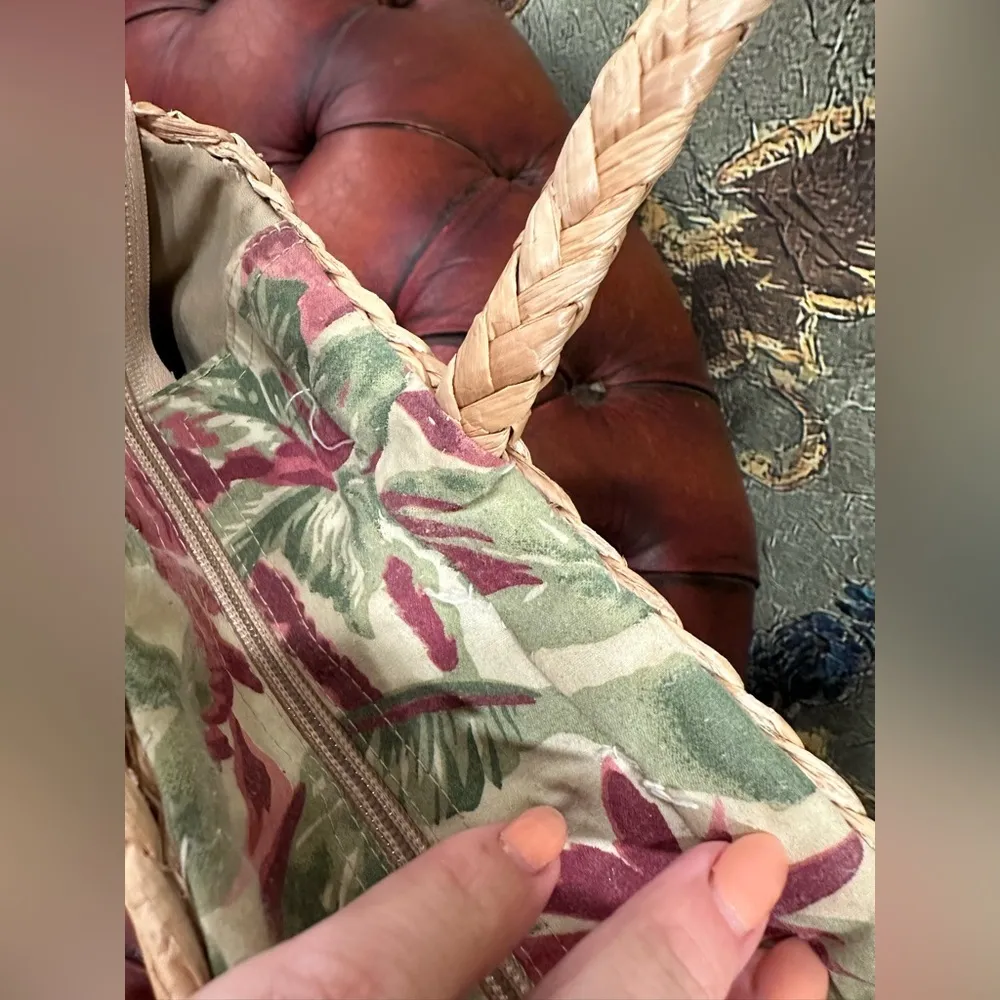 Vintage Cappelli Straw Handbag With Monkey, Flower and Coconut Palm Embroidery Tan - Image 12