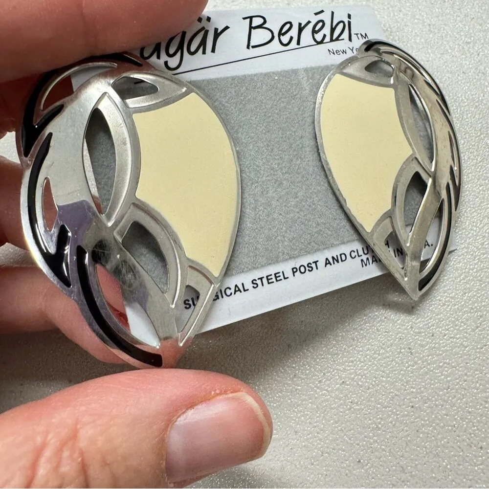 Vintage Edgar Berebi Ywllow Enamel Silver Tone Earrings Pierced Artsy 1980s Yellow - Image 2