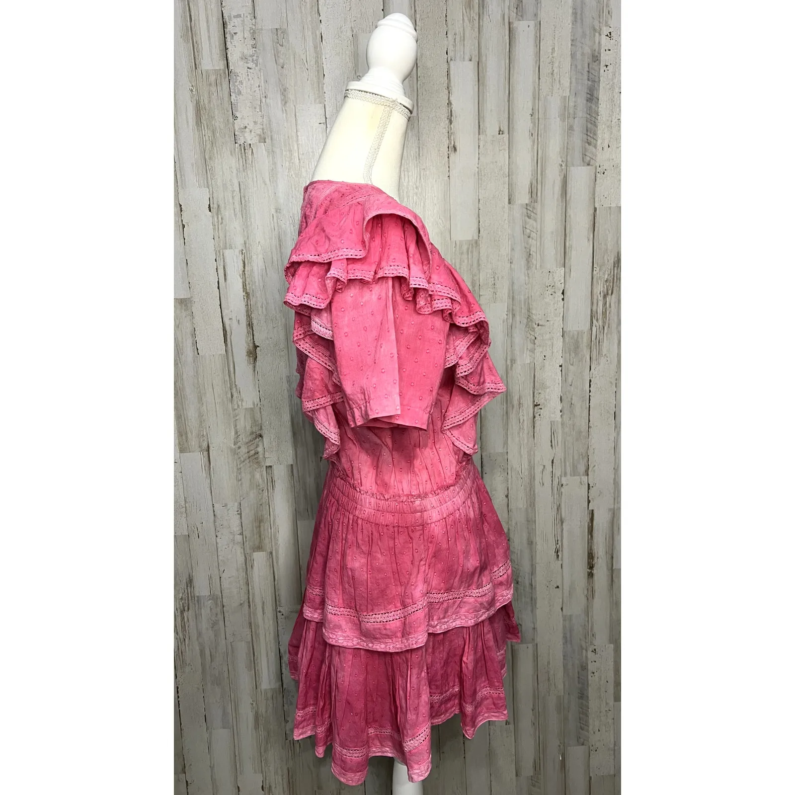 LoveShackFancy Natasha Mini Dress‎ Women's Size Large Pink Ruffle Scoop Neck - Image 3