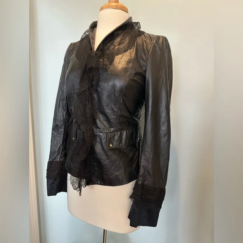 Roberto Cavalli Authentic Black Leather Lace Silk Moto Victorian style Jacket - Image 4