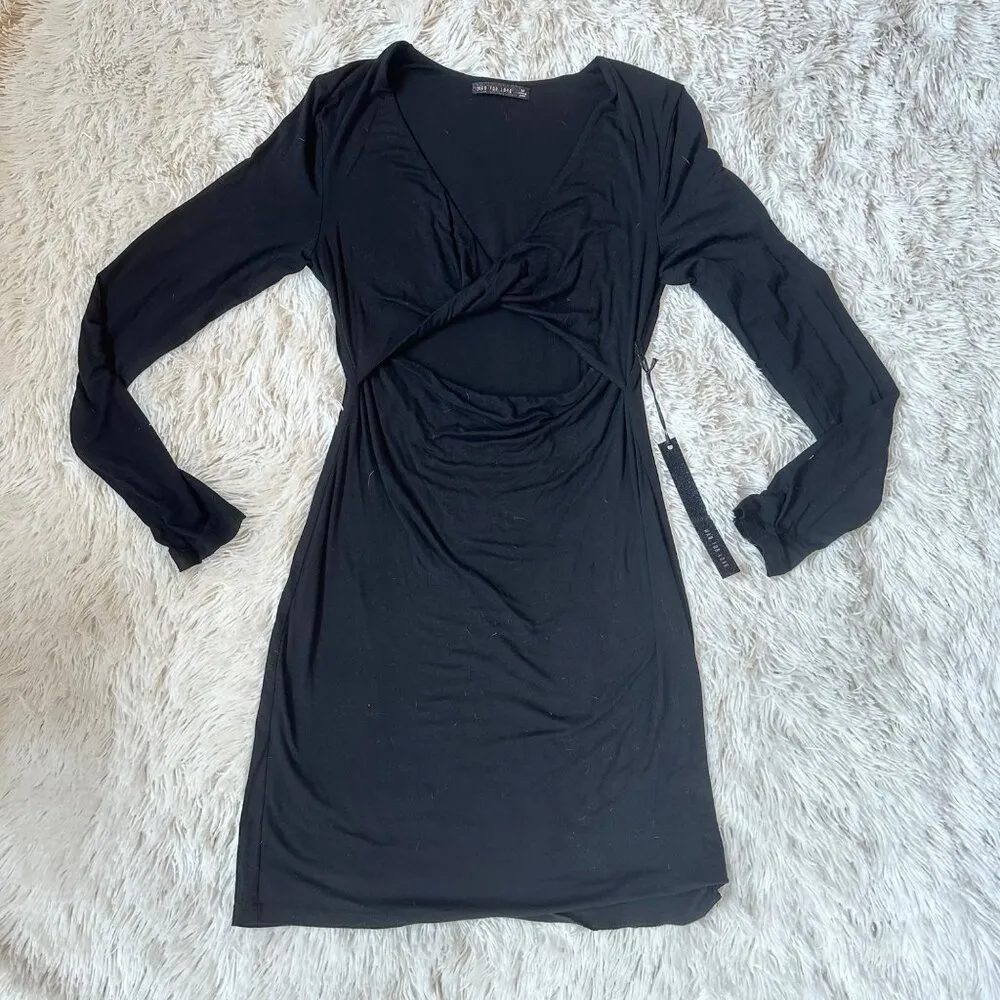 NWT Mad In Love Black Stretch Long Sleeve Knotted Front Cut Out Dress Sz Med - Image 2