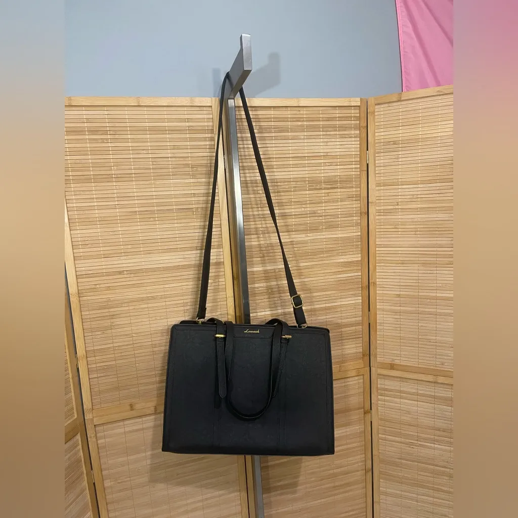 LOVEVOOK black leather laptop bag tote removable strap lots of storage space - Image 4