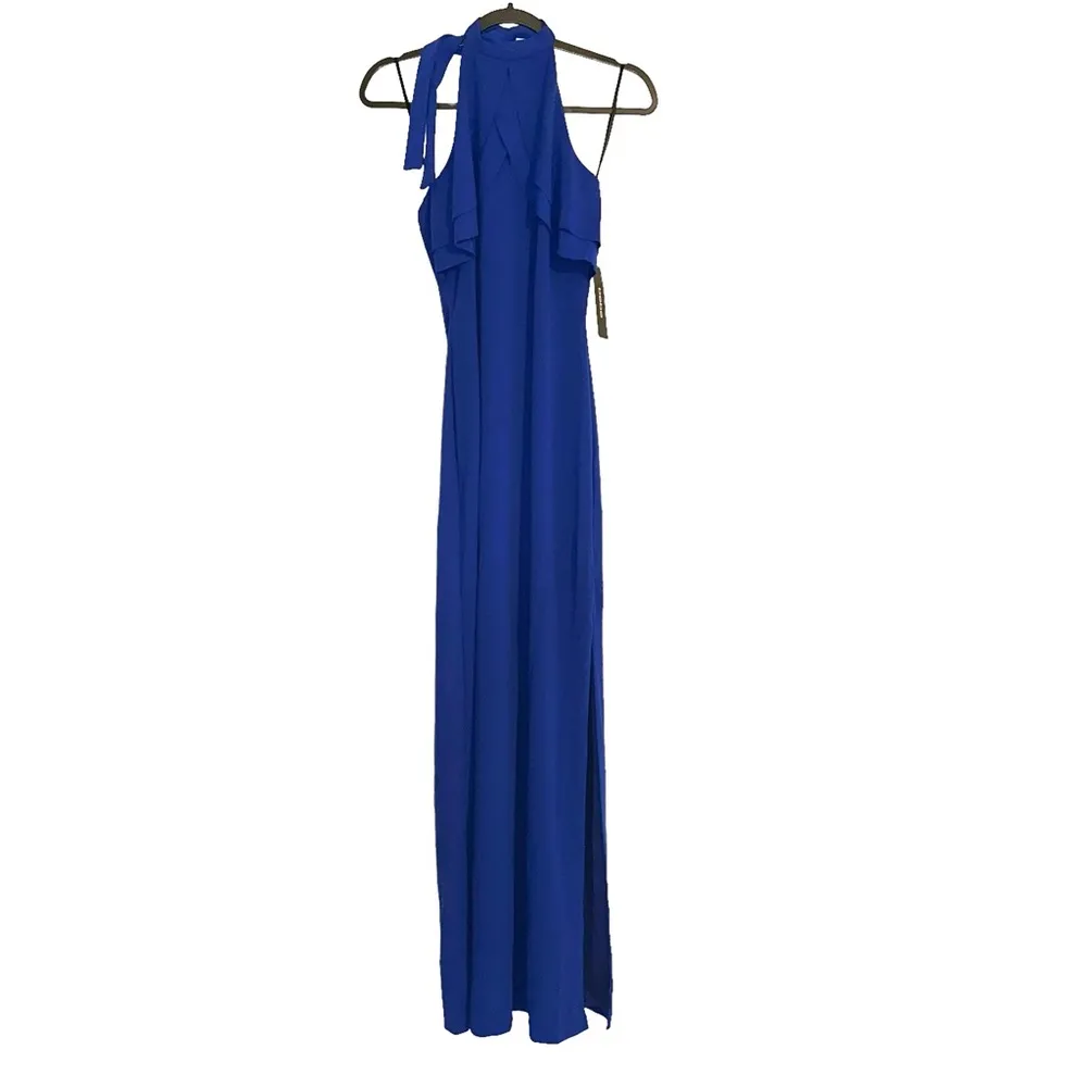 NWT BEBE Double Ruffle Halter Neck Side Slit Gown In Cobalt 6 - Image 2