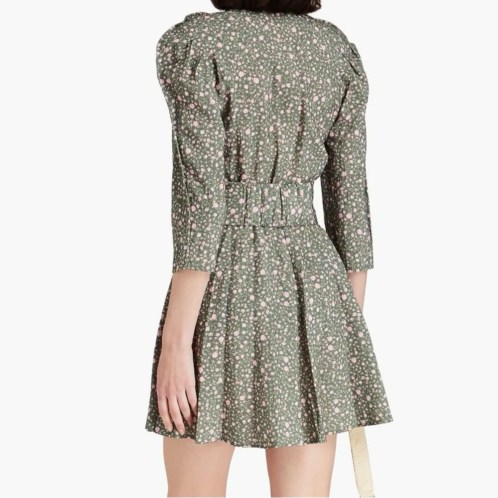 MAJE rakita puff sleeve woven pleated mini dress belted floral sage cottagecore - Image 6