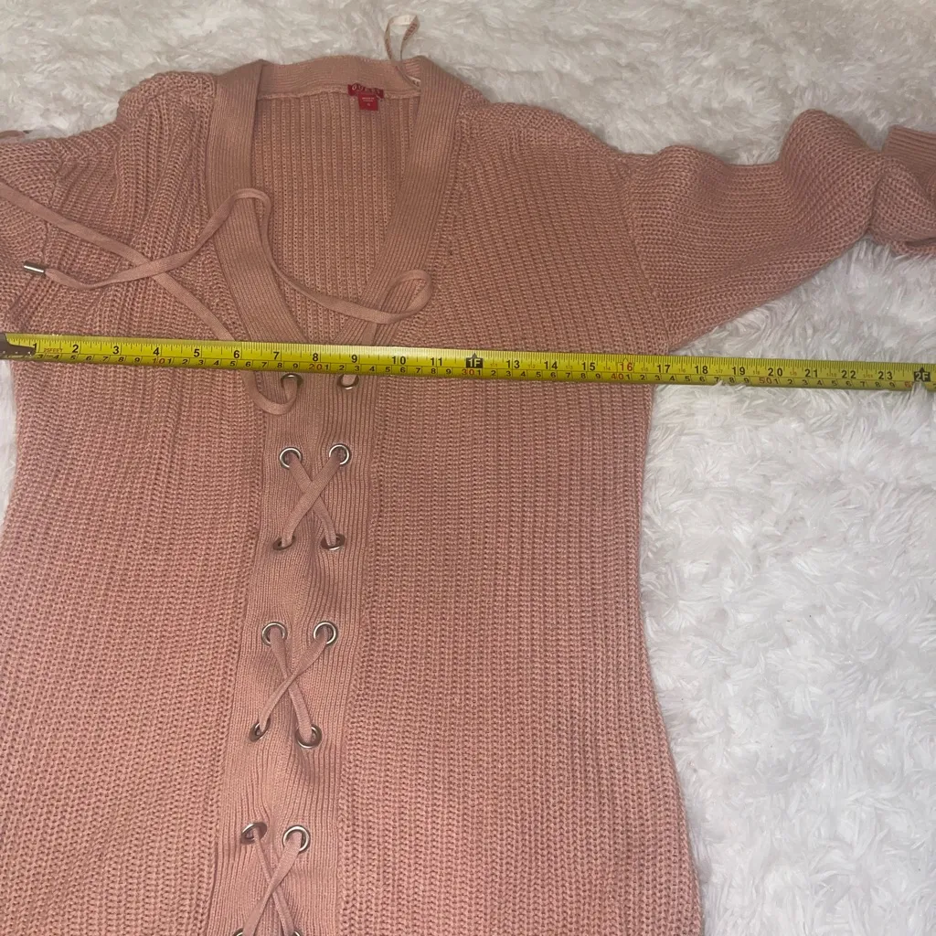 Guess pink cable knit v-neck sweater tie lace up front woman’s size small - Image 8