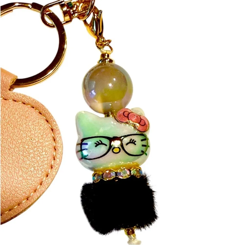 Cute Cat Keychain with Glasses and Bow Pink - Image 2