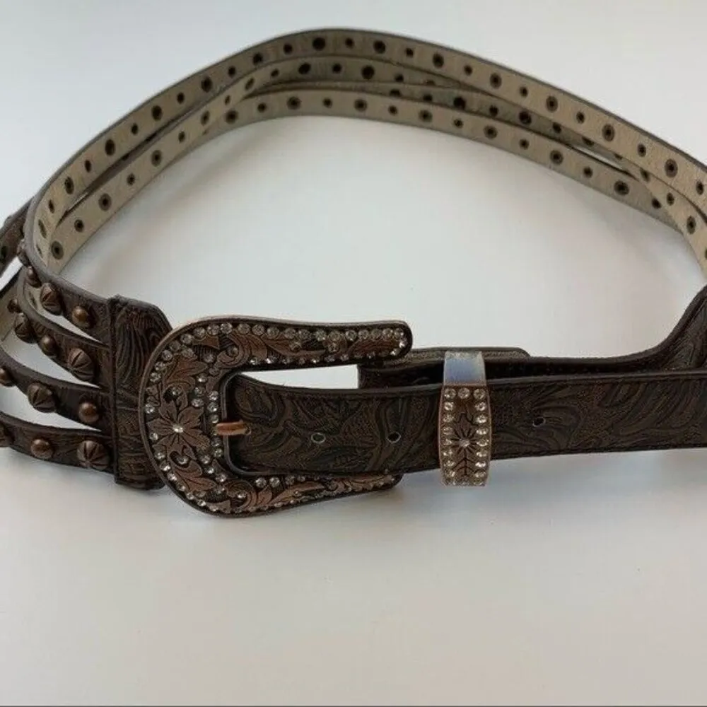 Western Genuine Leather Embossed Studded Belt Vintage Rhinestone Buckle Brown L Size L - Image 6