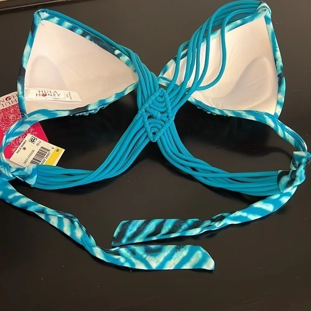 Hula Honey push-up bikini Top, racer strappy back, ties at back, Blue, M, NWT - Image 14