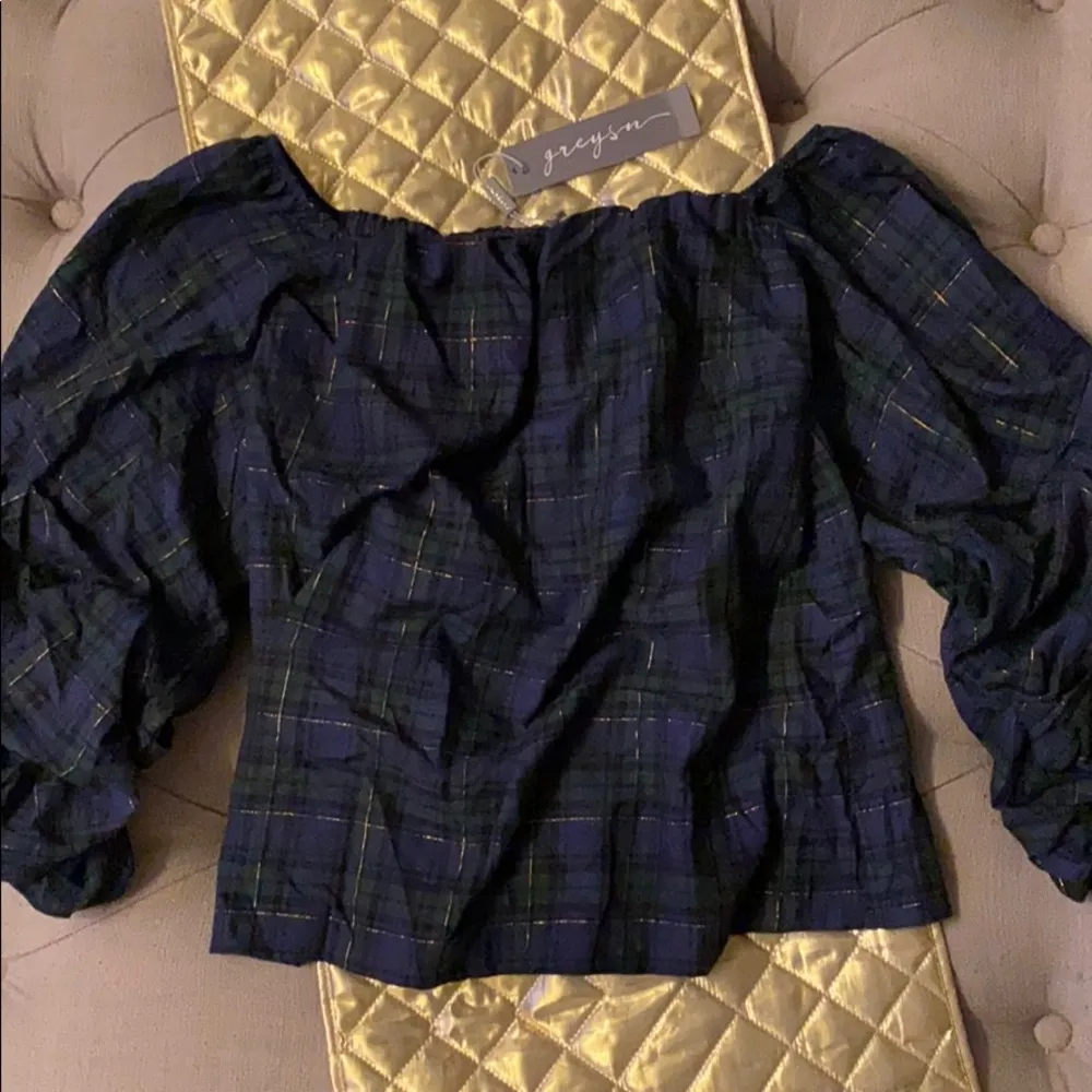 Plaid Off the Shoulder Top with Puff Sleeves Size XS - Image 5