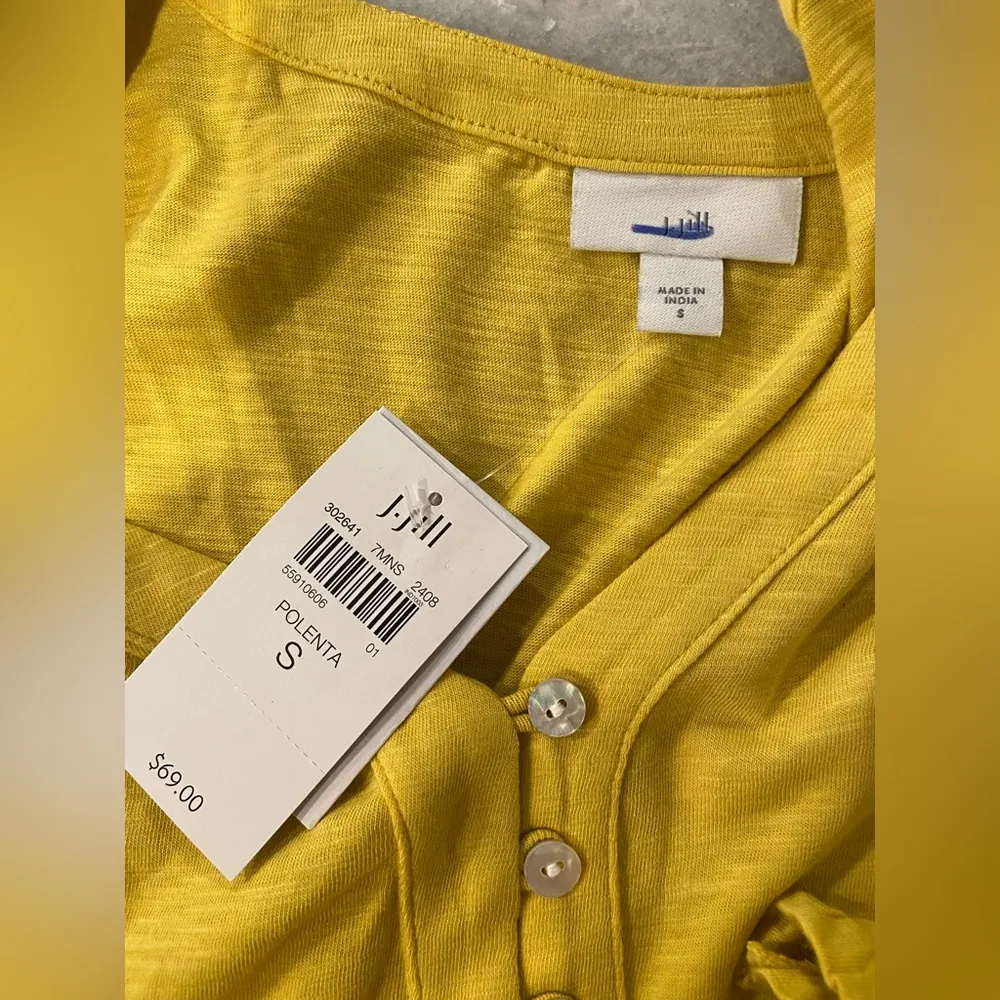 NWT J. Jill Size S Marigold Yellow 3/4 Smocked Sleeve Henley Top Pearl Buttons Gold - Image 11