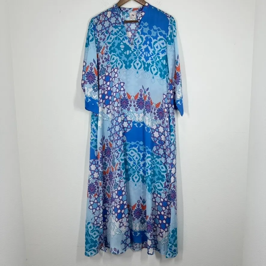 Natori Blue Floral Print Maxi Dress Size M V-Neck 3/4 Sleeve Resort‎ Wear Flowy - Image 2