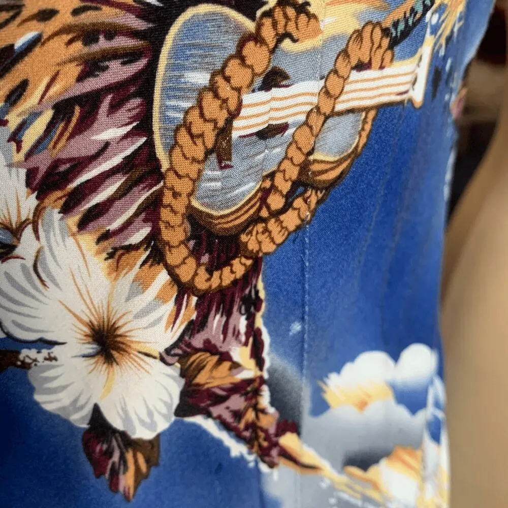 Vintage Hilo Hattie Sleeveless Dress Hawaiian Blue Palm Tree Ukulele Print Mini Size M - Image 7