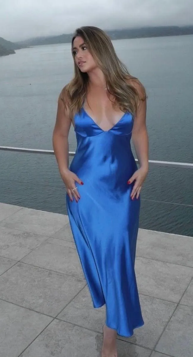 Dress Cobalt Blue Satin Effect Maxi Midi Wedding Party Date Coctail - Image 17