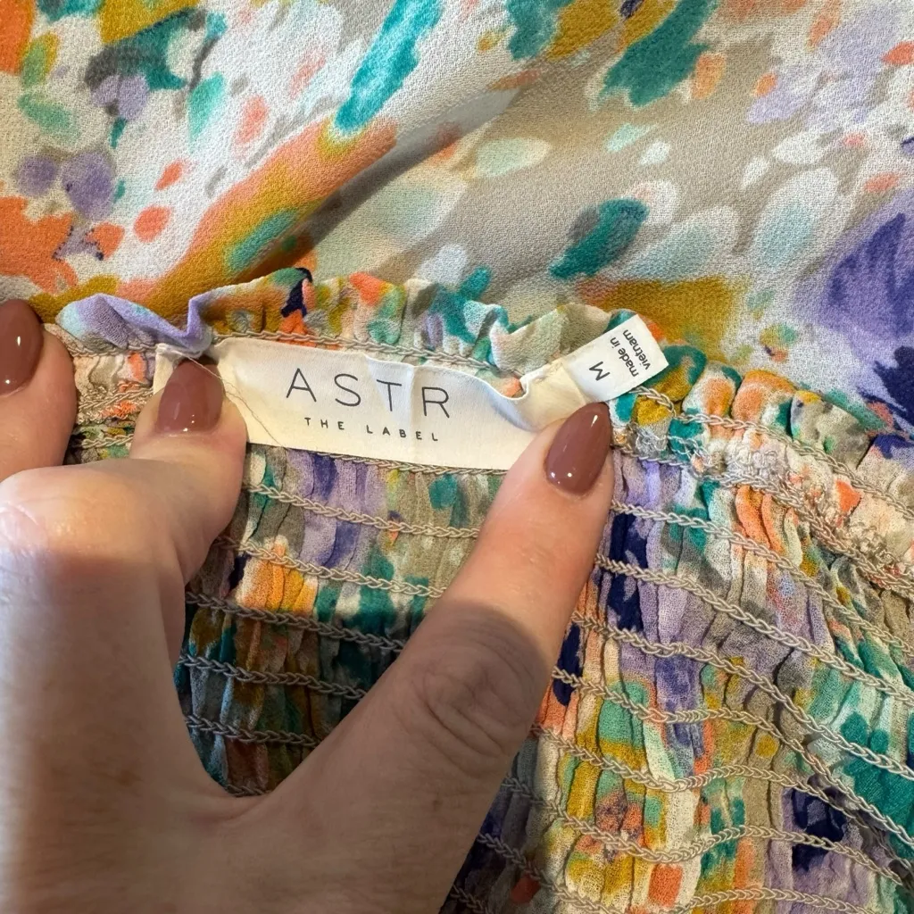 ASTR The Label -Gaia Dress Purple Gen Multi Floral Smocked Puff Sleeve Midi Sz M - Image 7