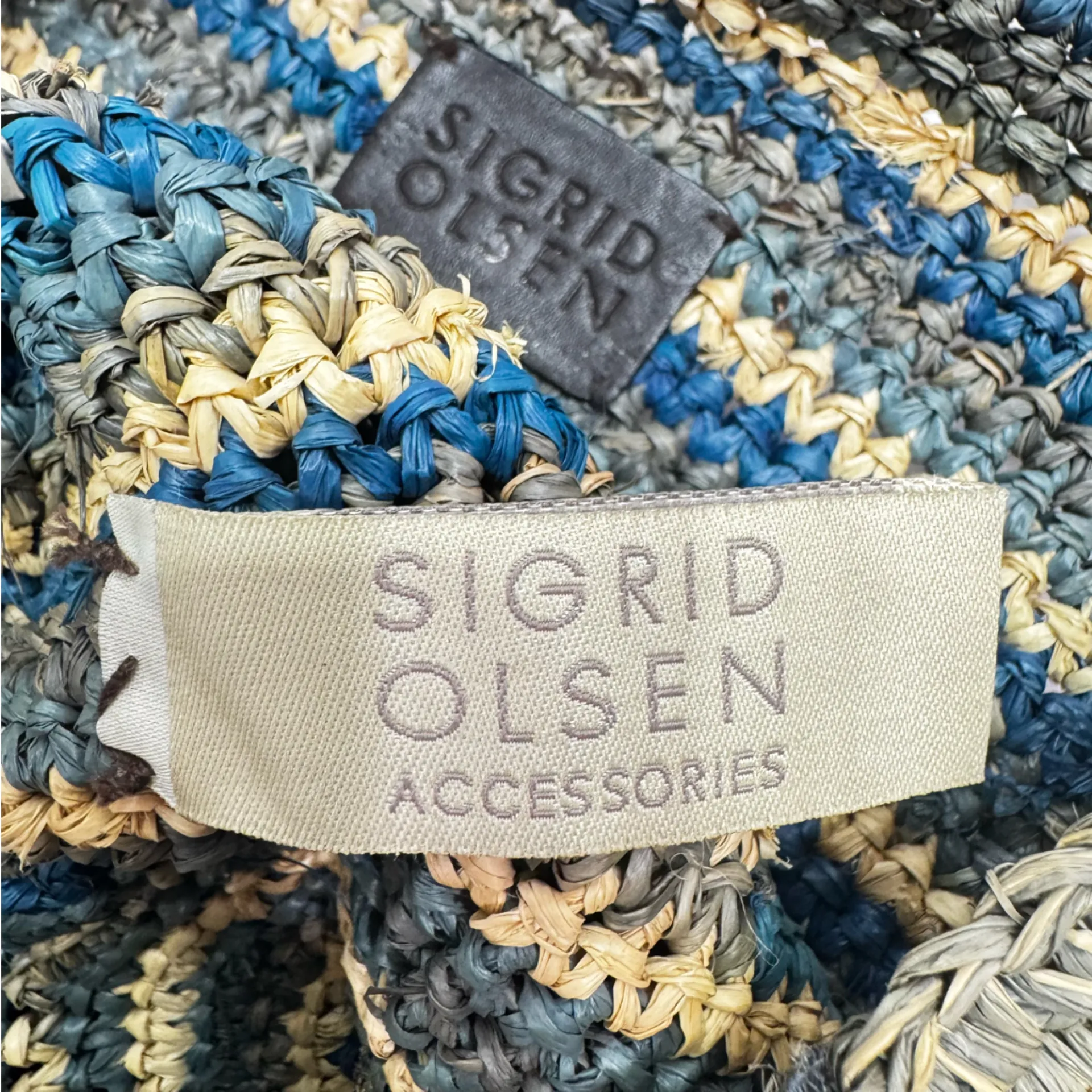 Sigrid Olsen Blue Raffia Straw Bag Beaded Braided Genuine Leather Straps Boho - Image 7