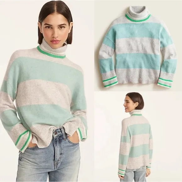 J. Crew Striped turtleneck sweater in Supersoft yarn (Sz XXL) Green & Gray - Image 2