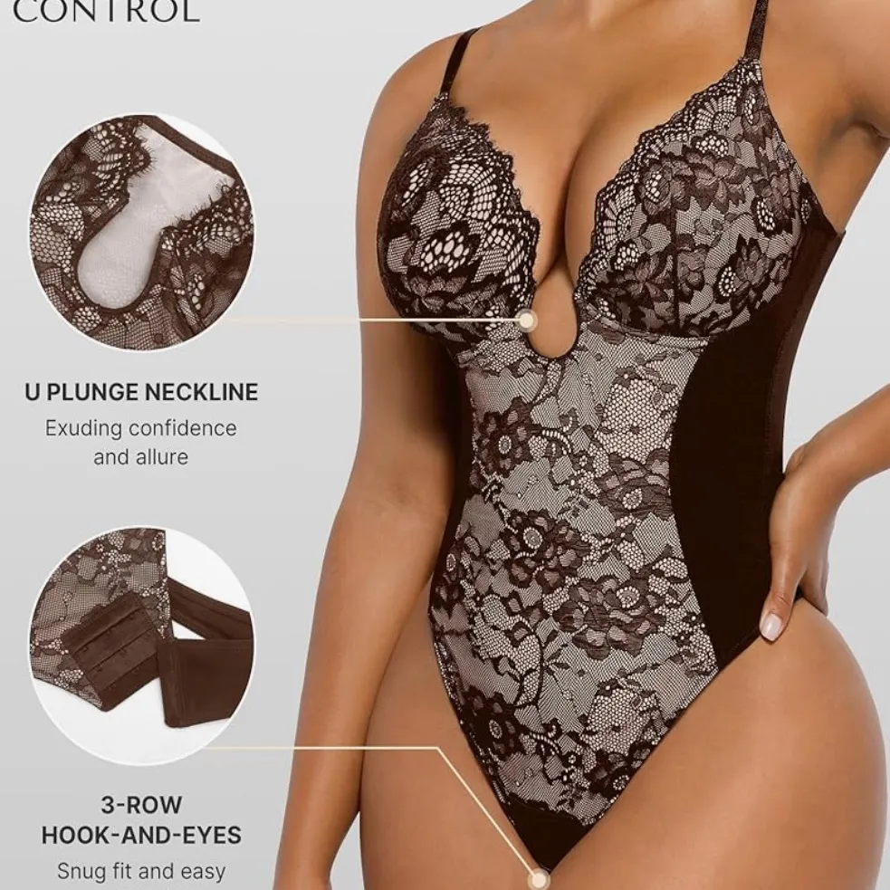 SHAPELLX Shapewear for Women Tummy Control Lace Bodysuit Brown - Image 6