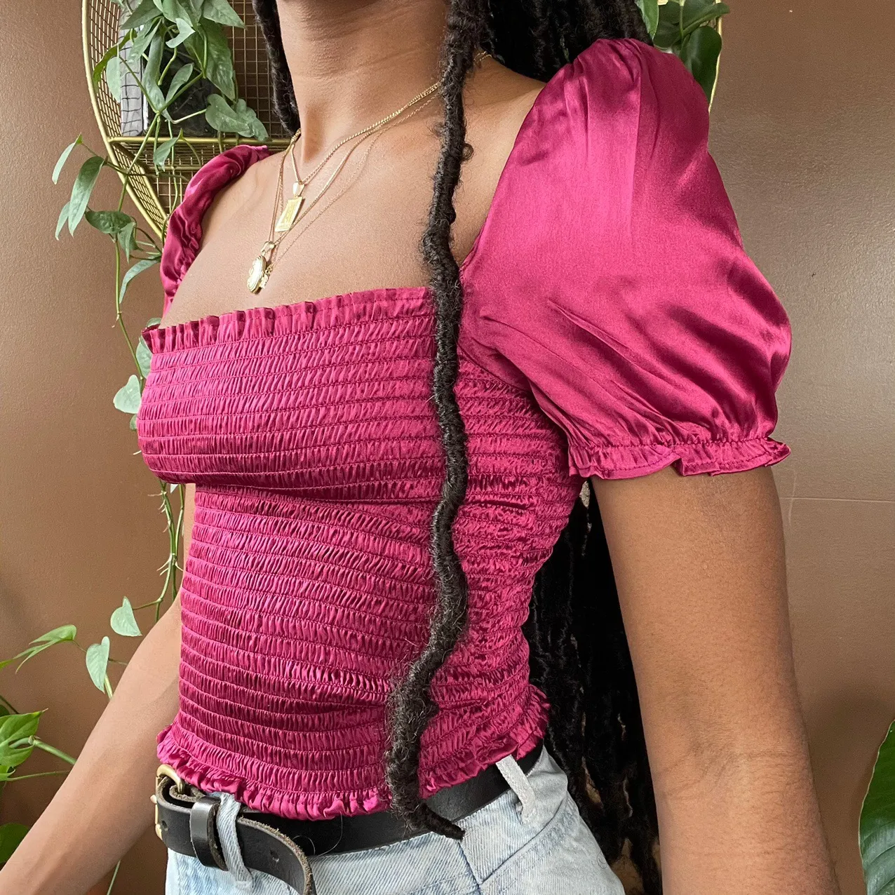 Urban Outfitters Magenta Satin Smocked Top✨ - Image 3