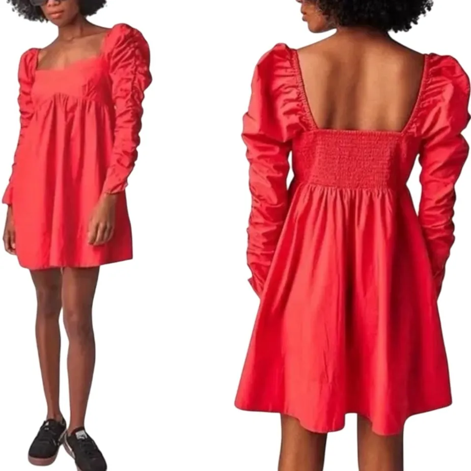 FREE PEOPLE Lindsay Babydoll Dress in Bella Rosa Red Size L New w/ Tag MSRP $138 - Image 2