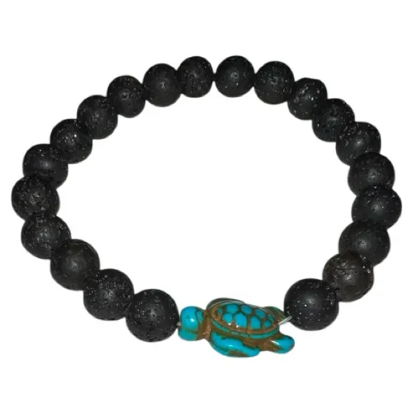 Black Lava Bead Bracelet with Turquoise Turtle - Image 3