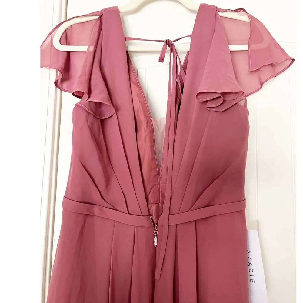NWT Azazie Reverie Flowy V-Neck Ruched Chiffon Long Dress Desert Rose - Image 6