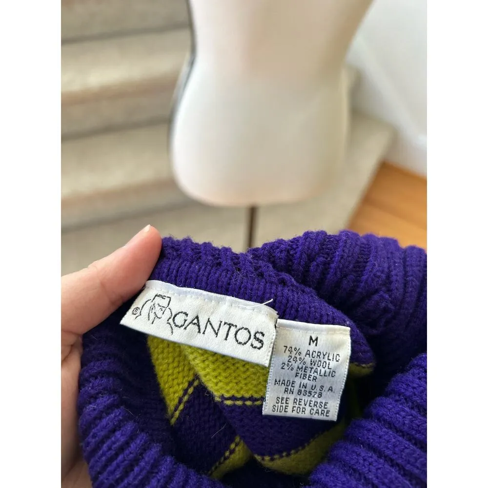 Vintage 90s Purple, Lime Green, & Metallic Silver Snowflake Fair Isle Turtleneck Purple Size M - Image 4