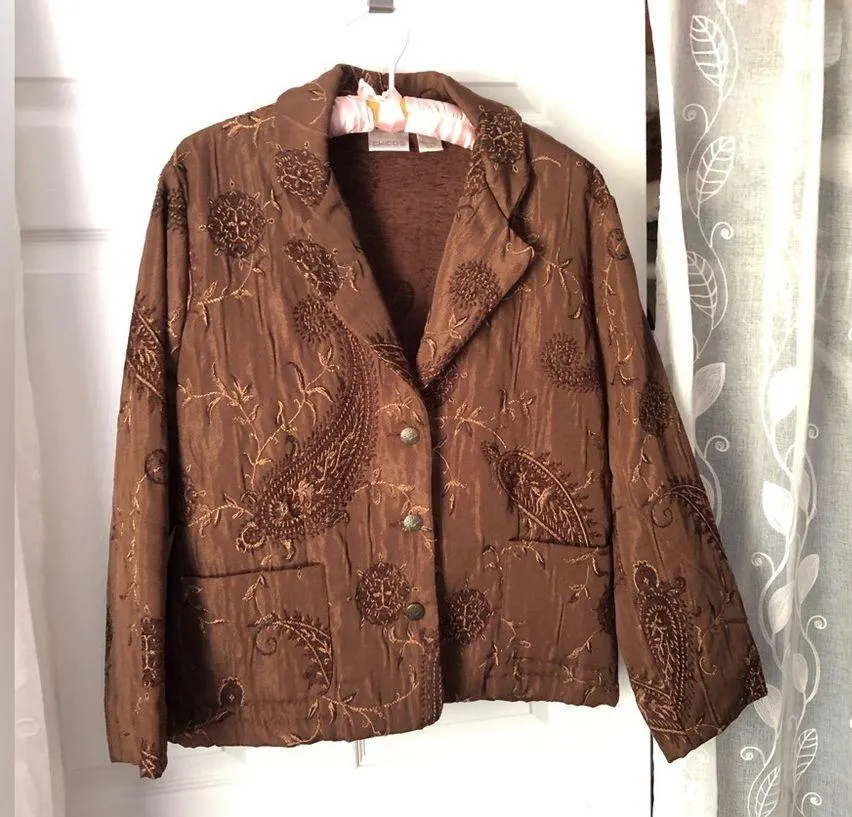 Chico’s Jacket Size 2 (L) Brown Embroidery Floral Paisley Button Front blazer - Image 2
