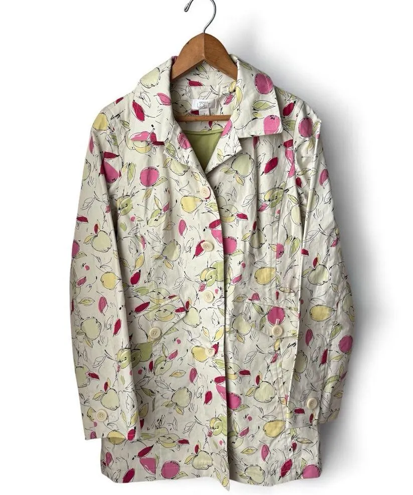 Ann Taylor LOFT Vintage Y2K Fruit Print Apple Pear Trench Coat Jacket Cotton - Image 8