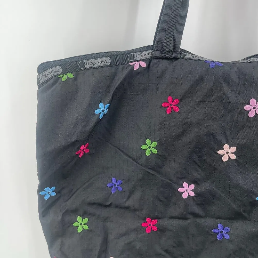 LESPORTSAC Bag Flower Embroidery Black Zipper Tote Lightweight Travel MultiColor - Image 4