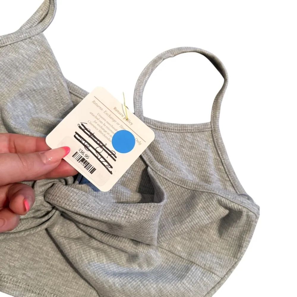 Lovesome Size L Twist Front Micro Crop Top Light Gray Ribbed Stretch Neutral NWT Size L - Image 5