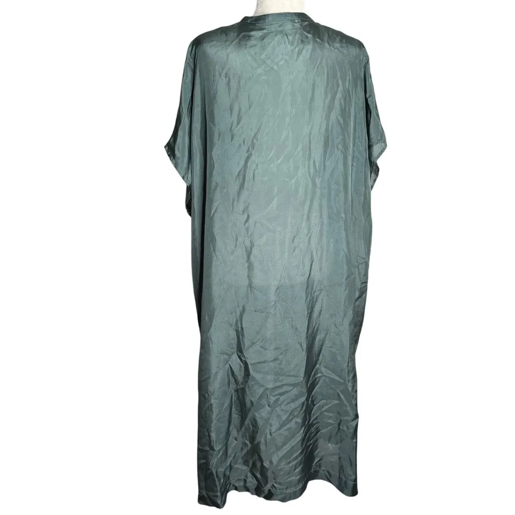 Oysho Silk Embroidered Kaftan Dress Size S Green V Neck Light Slightly Sheer NEW - Image 5