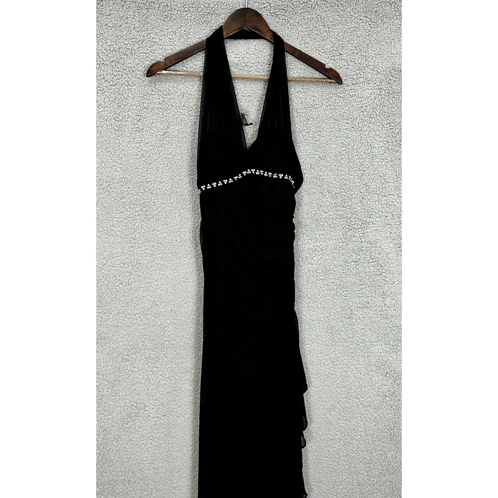 Vtg‎ y2k 90s Cache Mermaid Maxi Babydoll Slip Dress 2 Black Beaded Halter Prom - Image 3