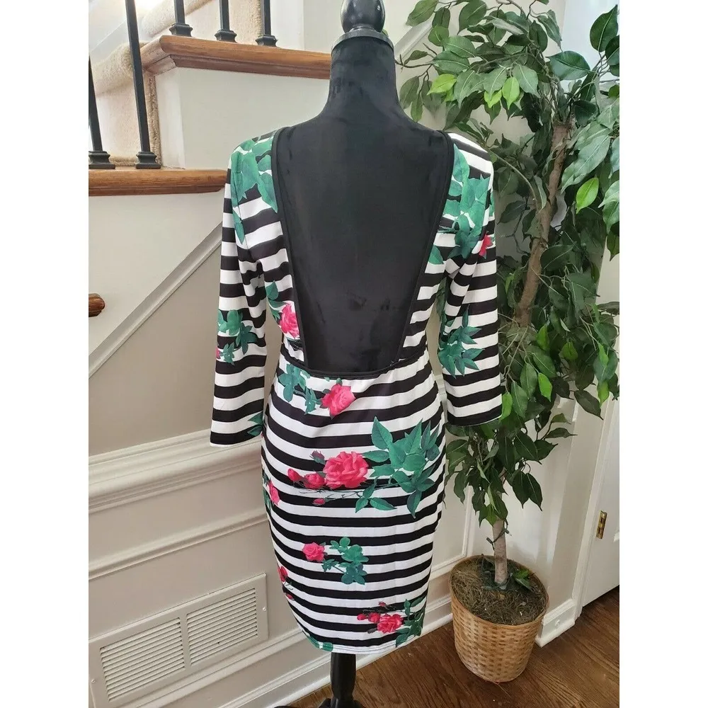 Black & White Floral Womens Polyester Boat Neck Long Sleeve Knee Length Dress XL - Image 7