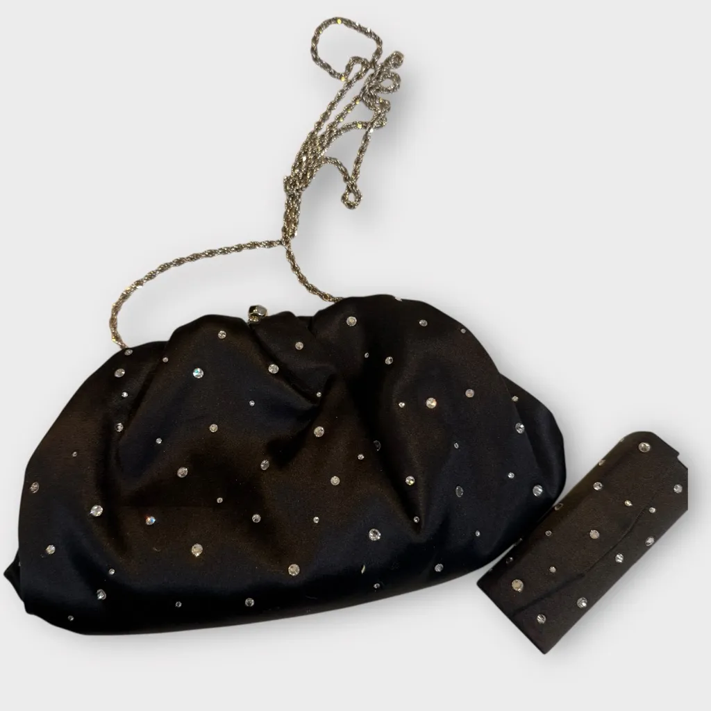 Franchi Black Satin Crystal Evening Bag with Chain & Matching Lipstick Case - Image 16