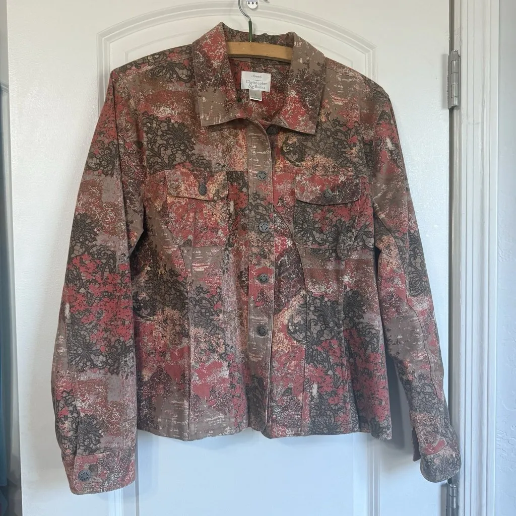 Christopher & Banks Jacket Red Floral Lace Stretch Women's Medium Coat Western - Image 1