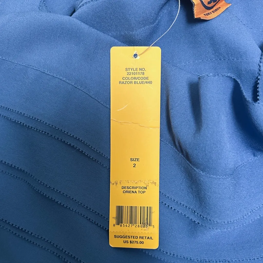 Tory Burch Razor Blue Silk Tiered Plunging Scoop Neck Oriena Tank Top 2 New - Image 9