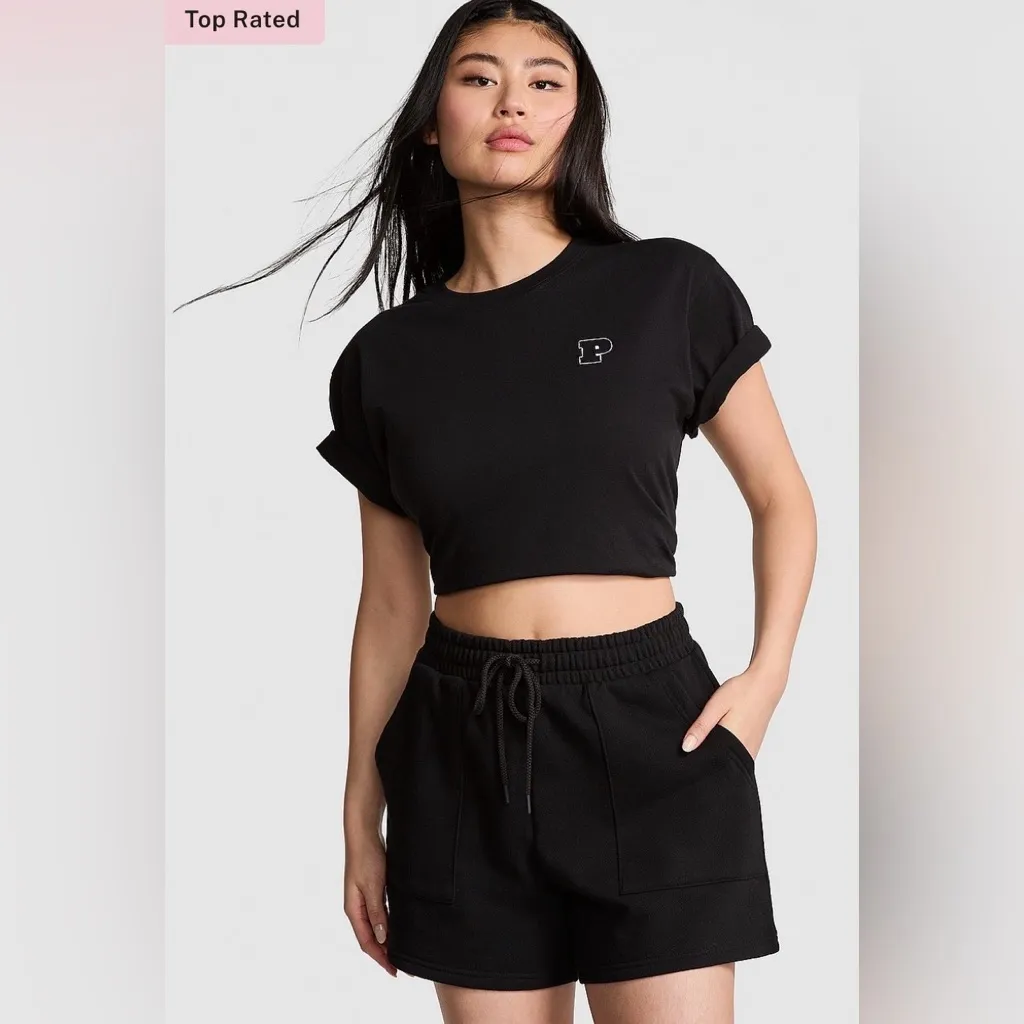 PINK VICTORIA’S SECRET Ivy Fleece Sweat Shorts High Rise Black White Logo M - Image 6